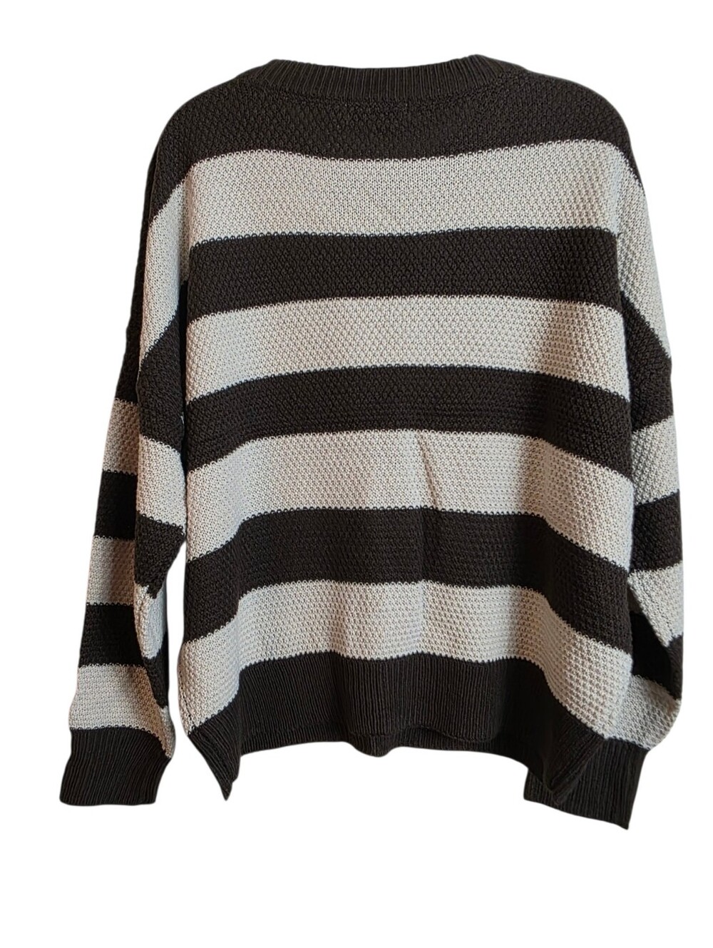 Zenana Brown Cream Striped Knit Sweater Large Long Sleeve Oversized Coastal - Picture 4 of 15